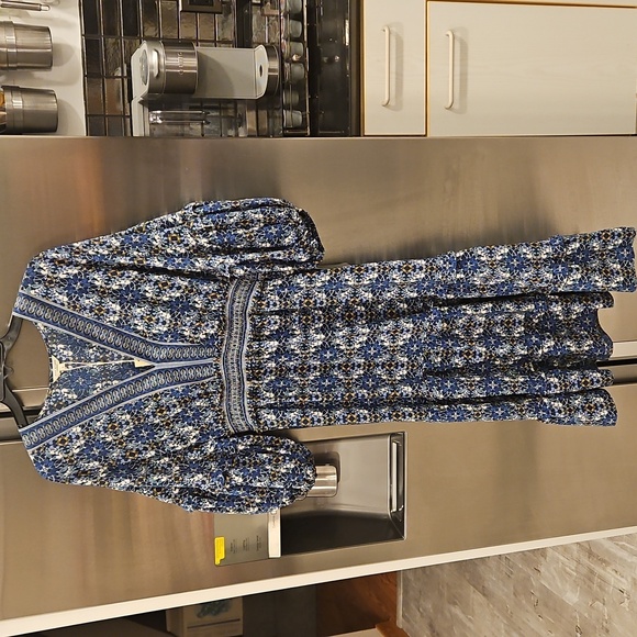 💕MAX STUDIO Elbow Sleeve Ruffle Midi Dress Spruce Fold Flower Grid Panel L NWT - Picture 5 of 14